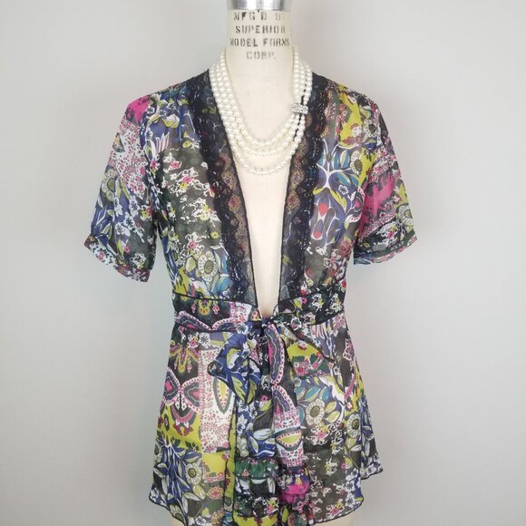 CAbi Beaches of St Tropez Colorful Sheer Tie Front Blouse Women's Size Small - Picture 1 of 8